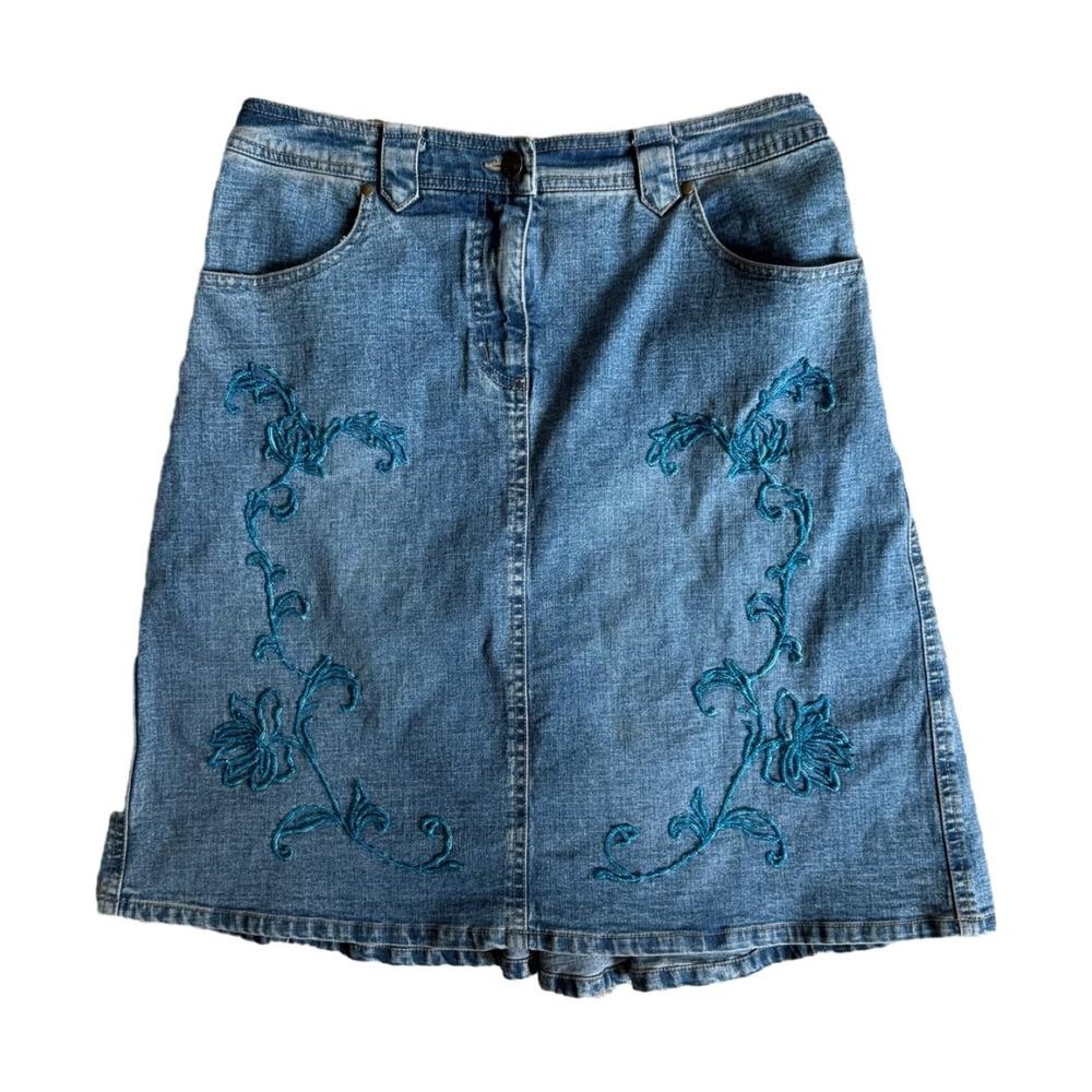 Womens Denim Midi Skirt Size 8 Embroidered‎ Floral A-Line Boho Cottagecore